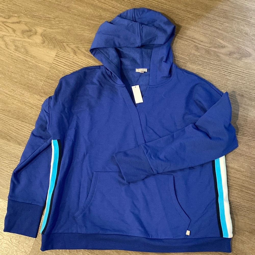 TALBOTS WOMENS PETITE Featherweight Terry Hooded Pullover Blue Petite Large